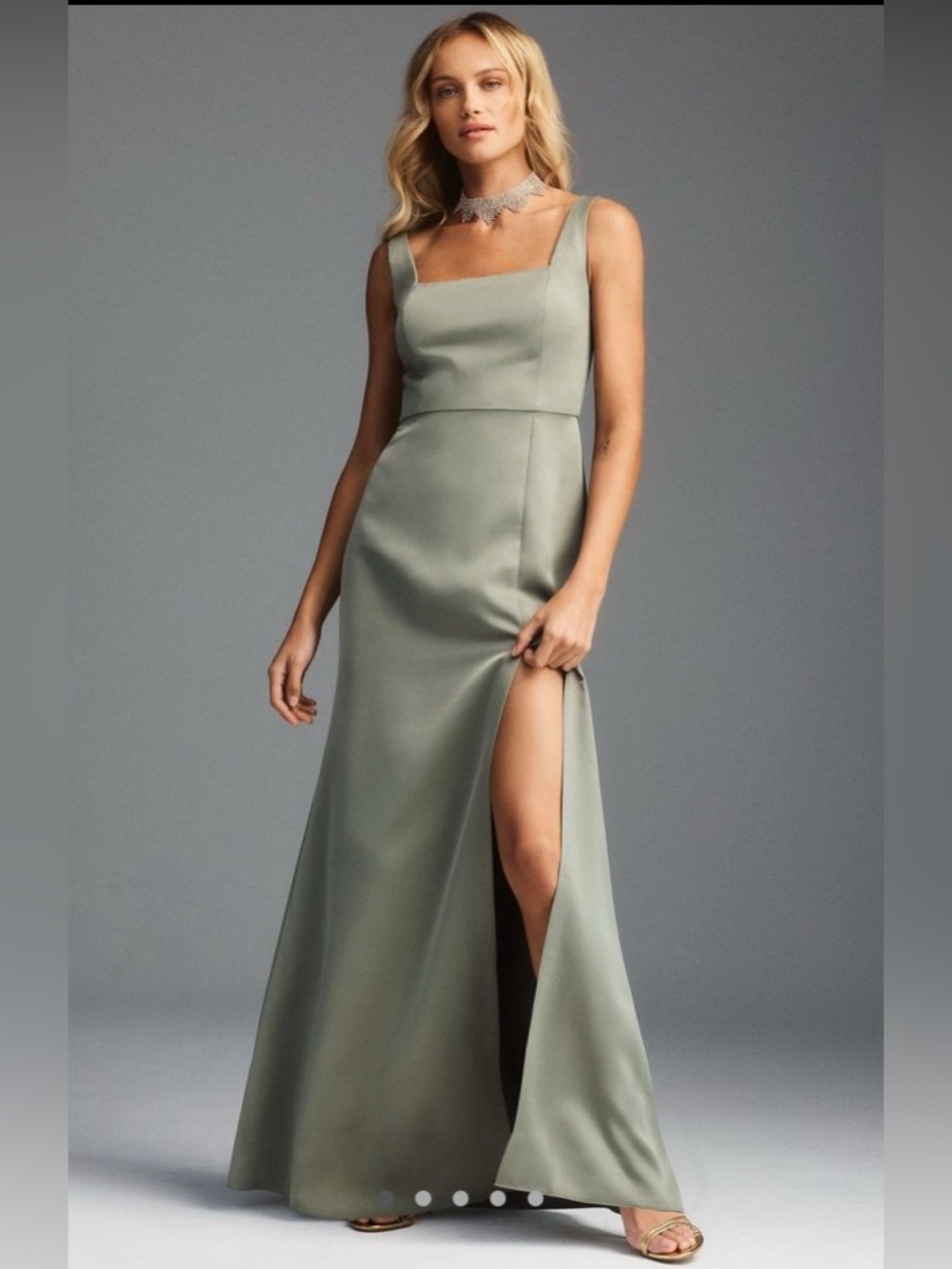 Anthropologie BHLDN Sophia Square-Neck Satin Maxi Dress in Moss Green